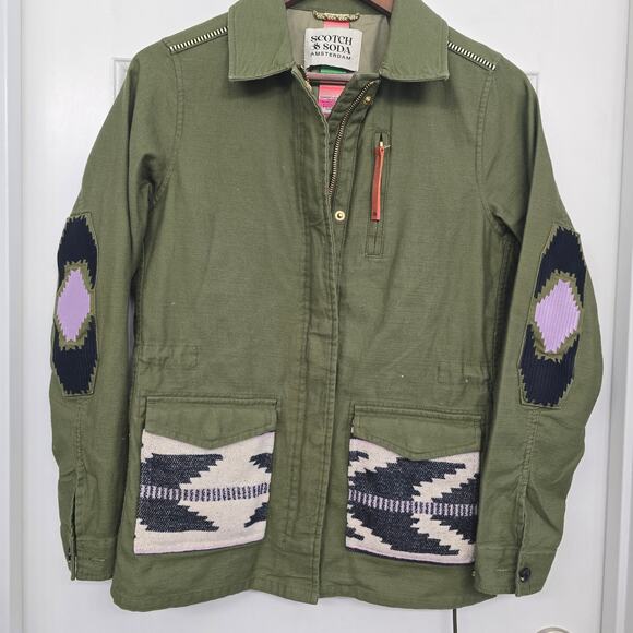 Scotch & Soda Utility Jacket Sz S Olive Aztec Patchwork Cotton Canvas Boho Cargo - Picture 2 of 15